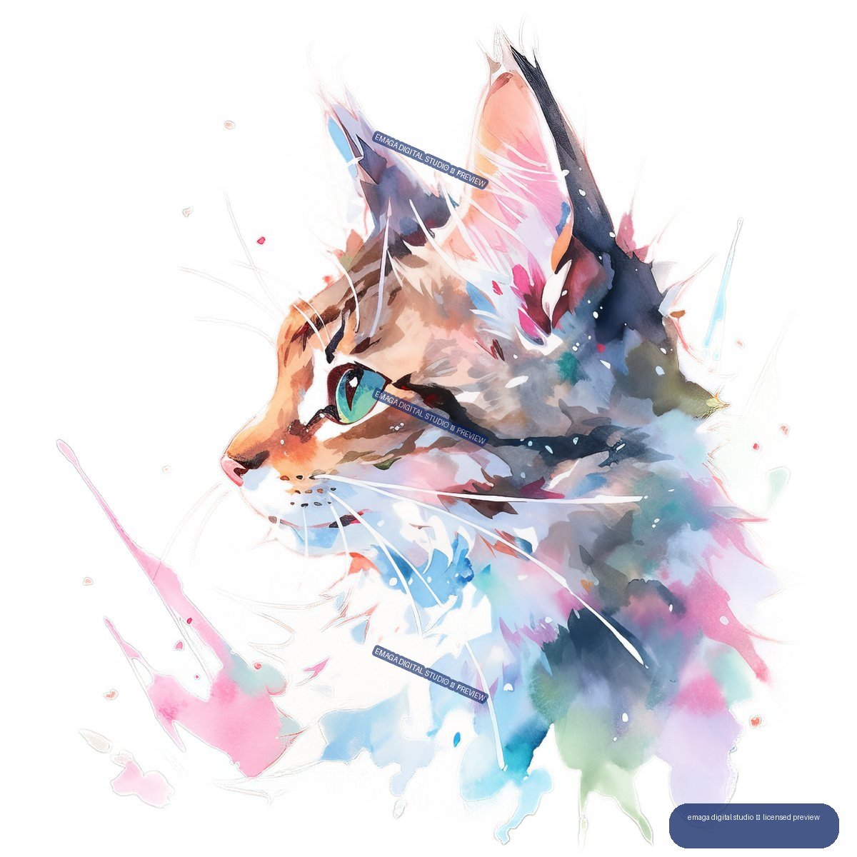 Vibrant watercolor portrait of a cat in left-facing profile with a turquoise eye and colorful splashes around its fur.