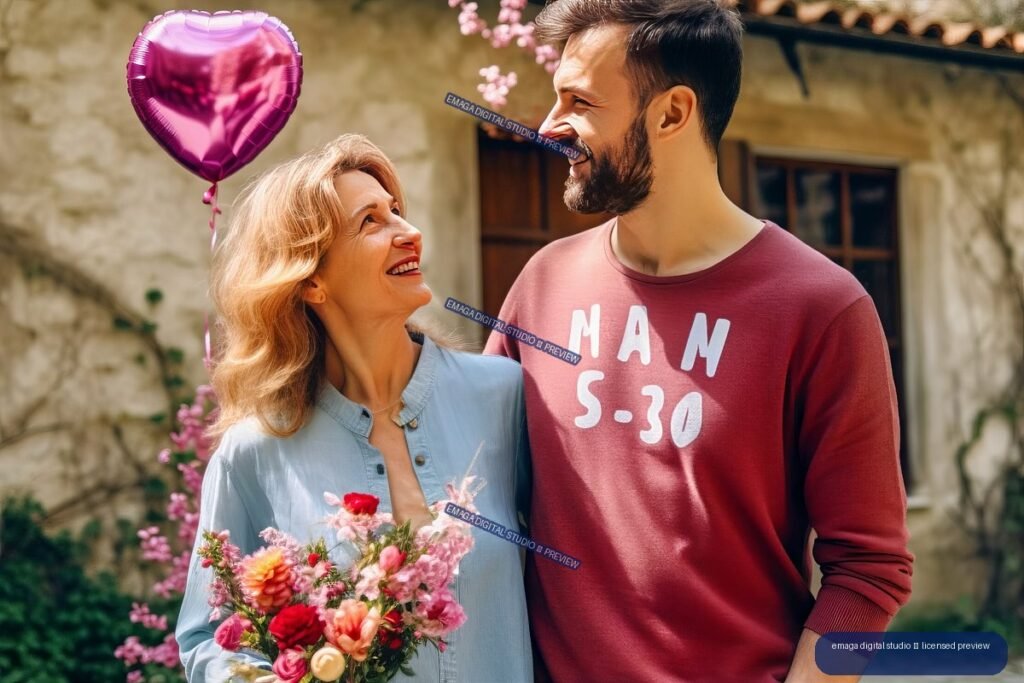 Smiling adult man beside an older woman holding a colorful bouquet, with a pink heart balloon in a sunlit courtyard.