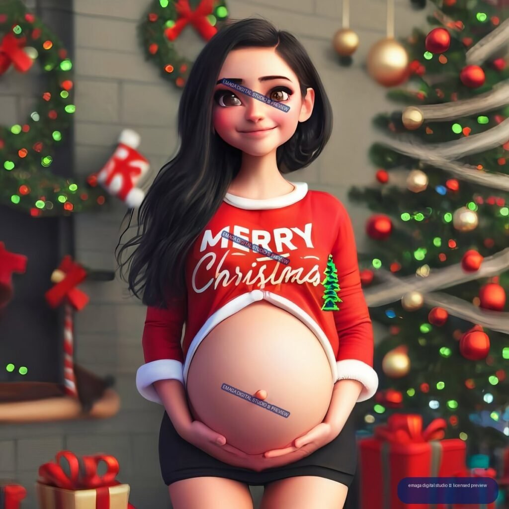 Cartoon pregnant woman in a red Merry Christmas sweater seated before a decorated Christmas tree and wrapped presents.