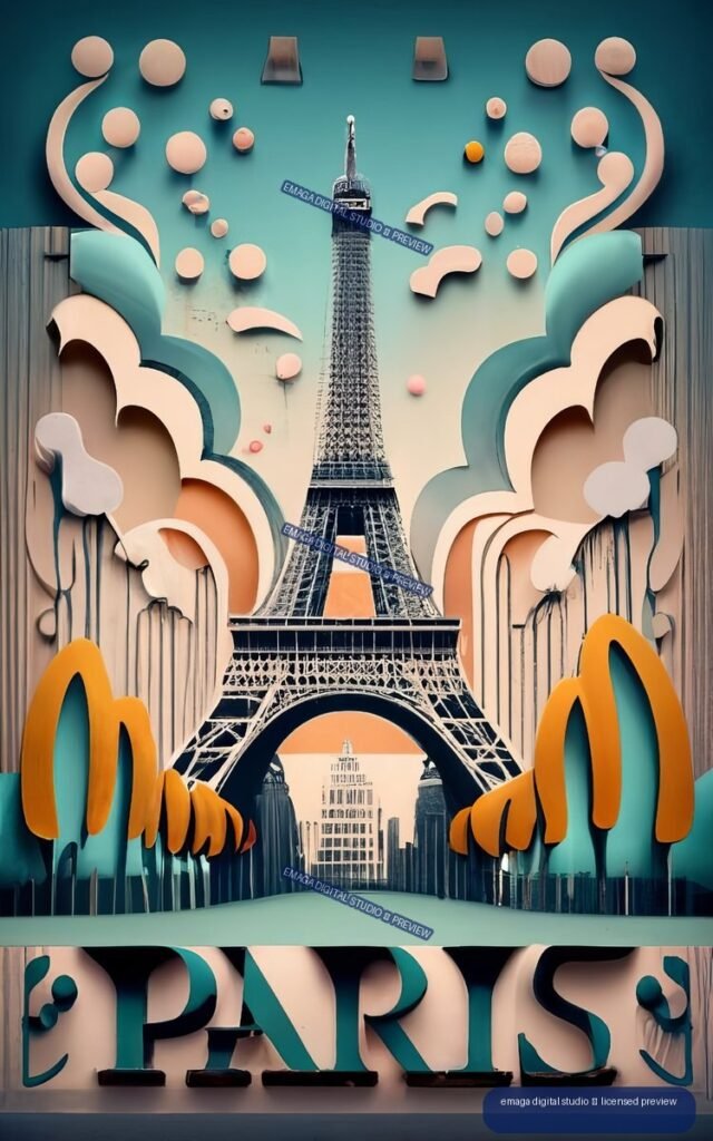 Stylized poster of the Eiffel Tower centered between symmetrical teal and peach ornamental forms, with floating shapes and cropped Paris lettering below.