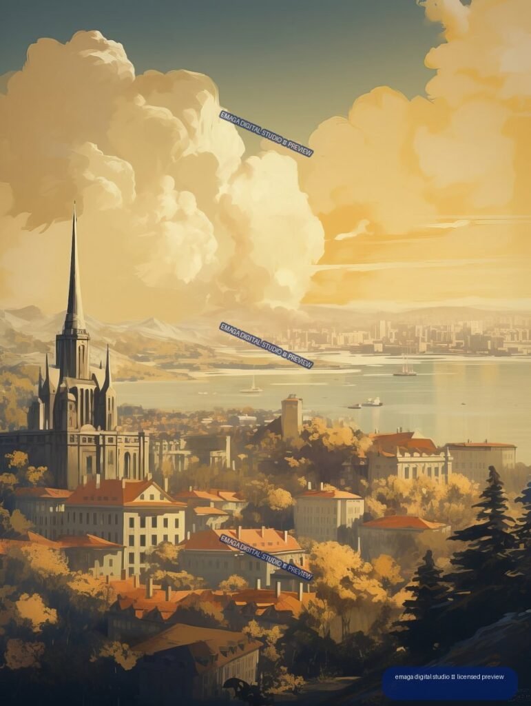 Illustrated coastal city with a tall church spire, waterfront skyline, boats, mountains, and towering golden clouds.