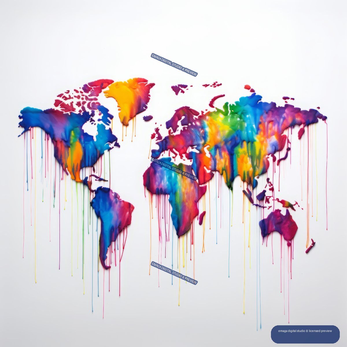 Vivid multicolored graffiti-style world map with paint drips extending below the continents.