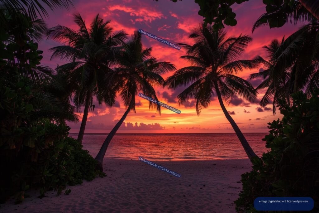 Palm trees and dense foliage frame a sandy path leading to a calm ocean beneath a vivid orange, pink, and purple sunset sky.
