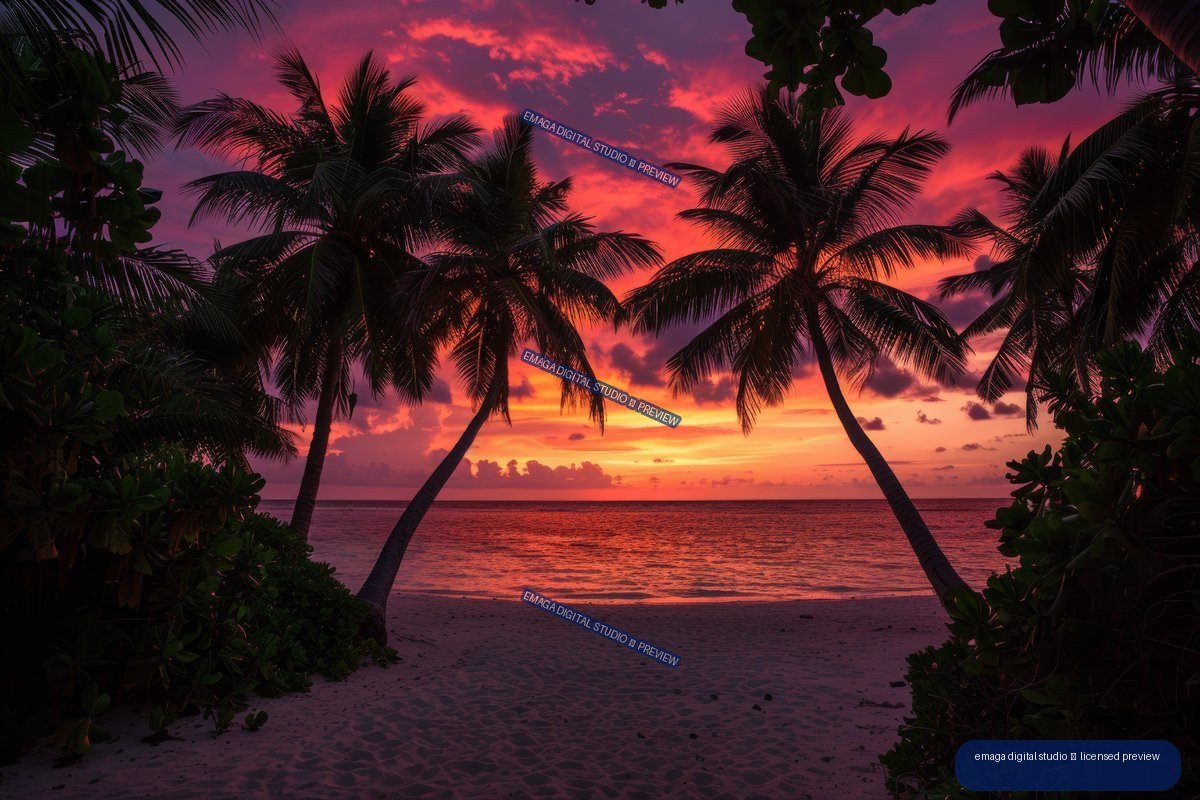 Palm trees and dense foliage frame a sandy path leading to a calm ocean beneath a vivid orange, pink, and purple sunset sky.
