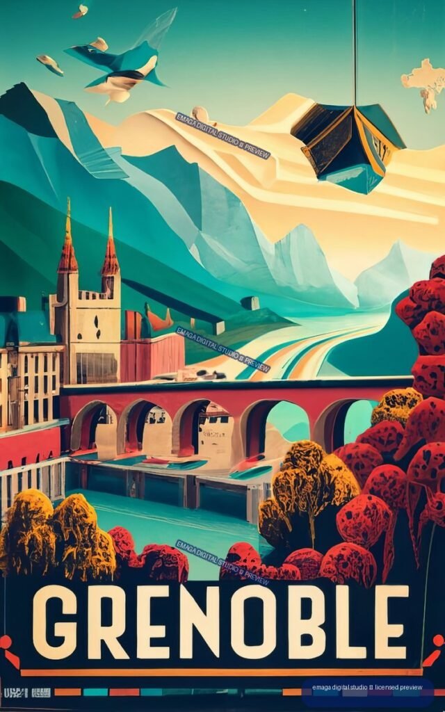 Vintage-style Grenoble travel poster showing an alpine valley, church, arched bridge, winding route, and bold text reading GRENOBLE.