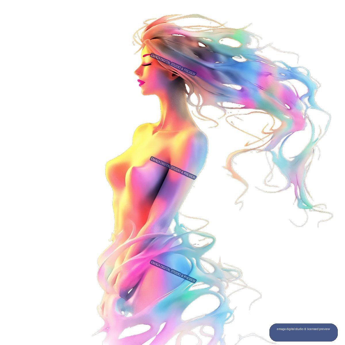 Colorful watercolor profile of a nude feminine figure with long flowing multicolored hair on white.