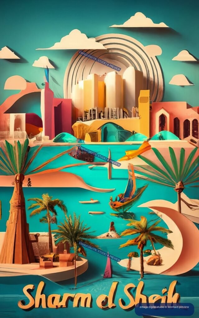 Colorful stylized Sharm el Sheikh poster with turquoise water, palm trees, boats, buildings, clouds, and large text at the bottom.