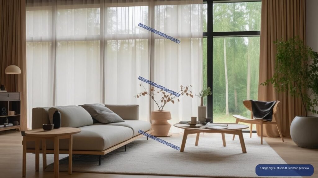 Minimalist living room with a light sofa, wooden tables, plants, lounge chair, sheer curtains, and views of green trees.