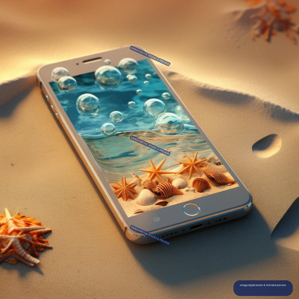 Smartphone on sand displaying turquoise water, bubbles, shells, and orange starfish.