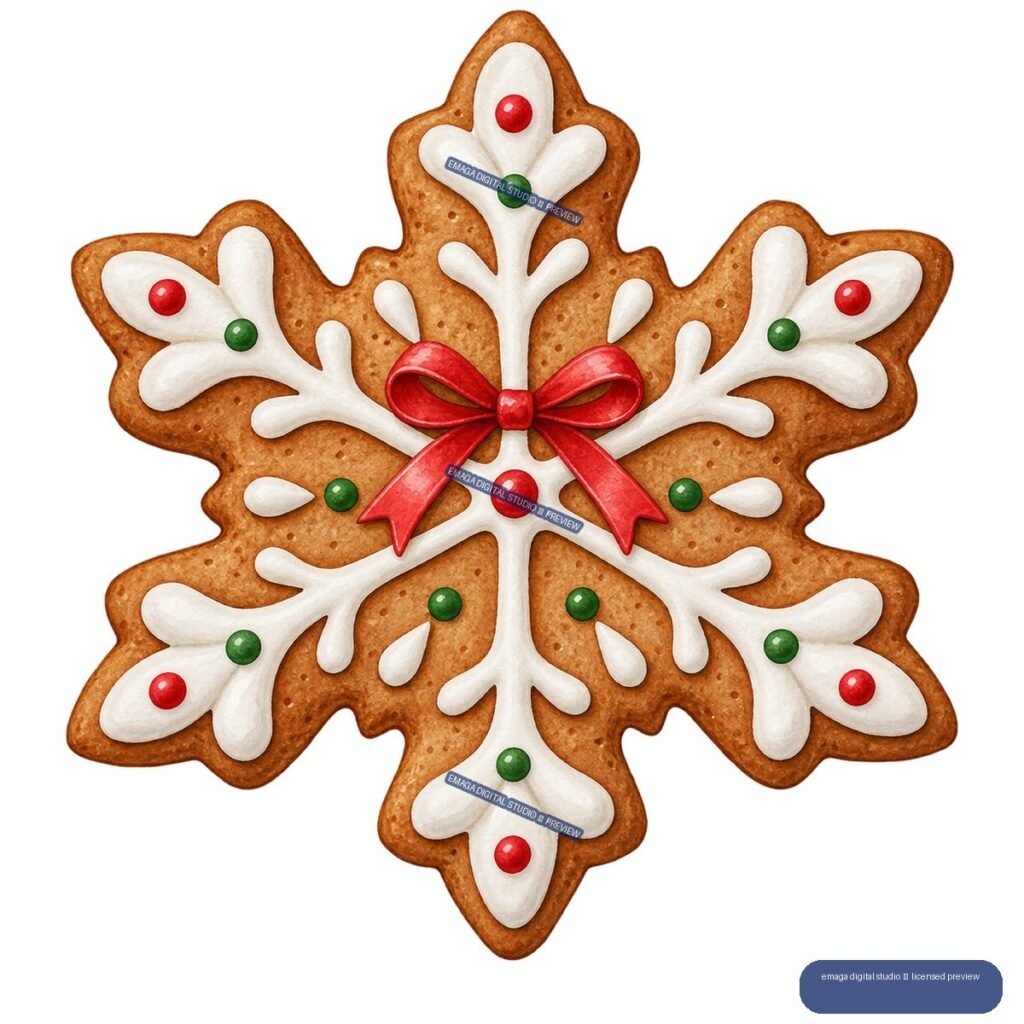 Decorated gingerbread snowflake cookie with white icing, red and green candies, and a red bow.