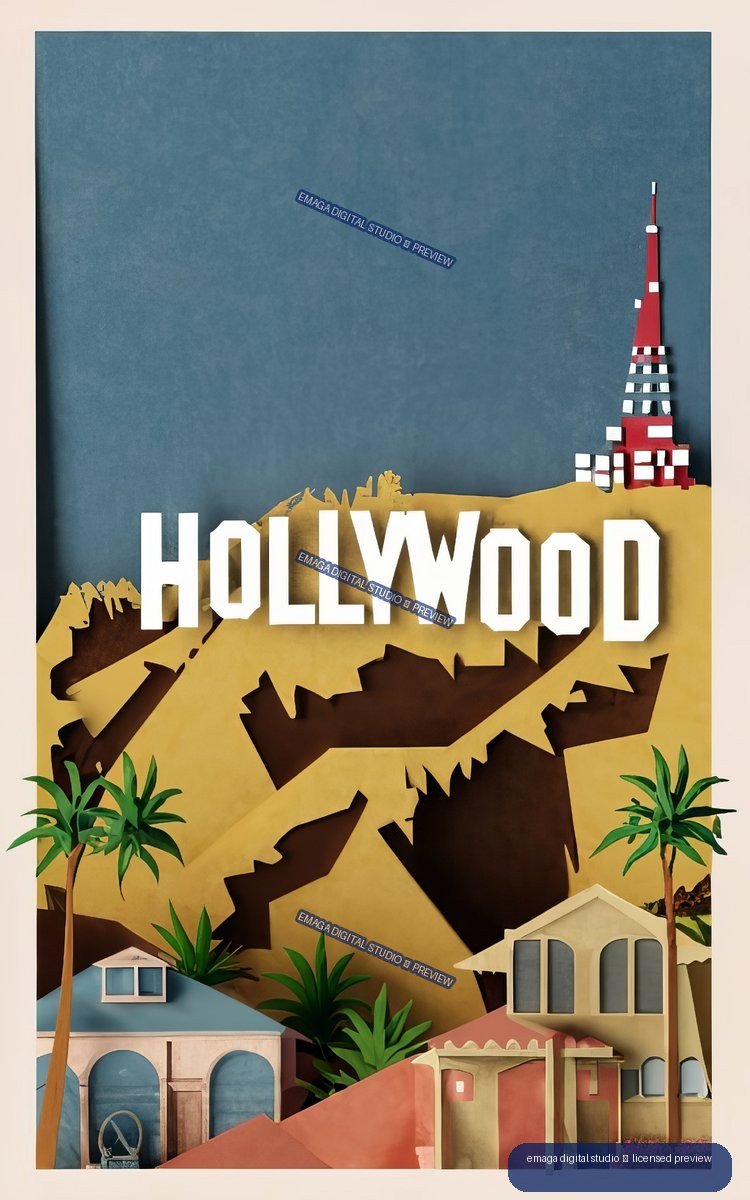 Layered paper-art illustration of Hollywood with a large HOLLYWOOD sign, tower, palm trees, hills, and stylized houses.