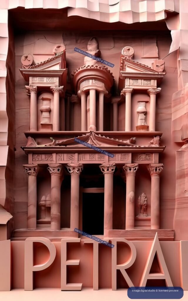 Stylized rose-toned poster showing Petra’s columned rock-cut façade with large PETRA lettering at the bottom.