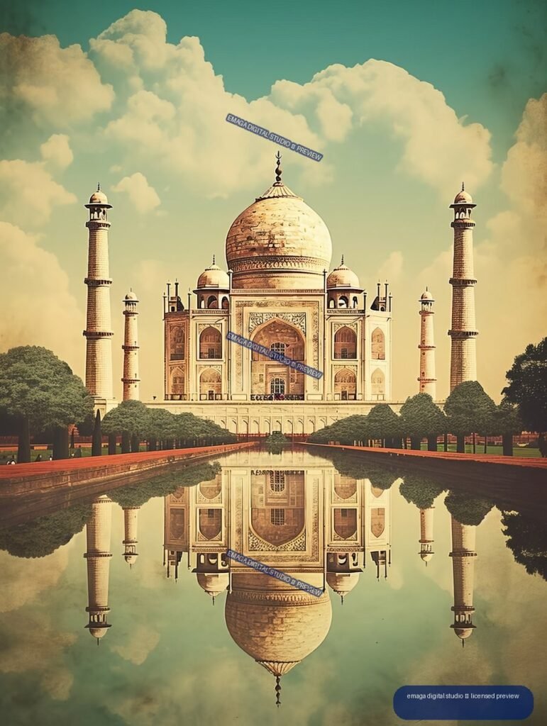 Stylized vintage illustration of the Taj Mahal and four minarets reflected in a long garden pool beneath large clouds.
