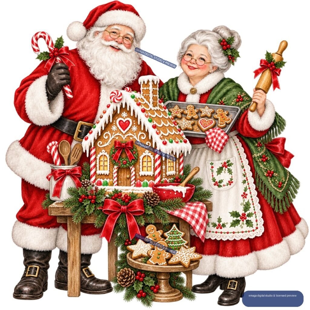 Santa and Mrs. Claus with a gingerbread house, cookies, and Christmas baking decorations