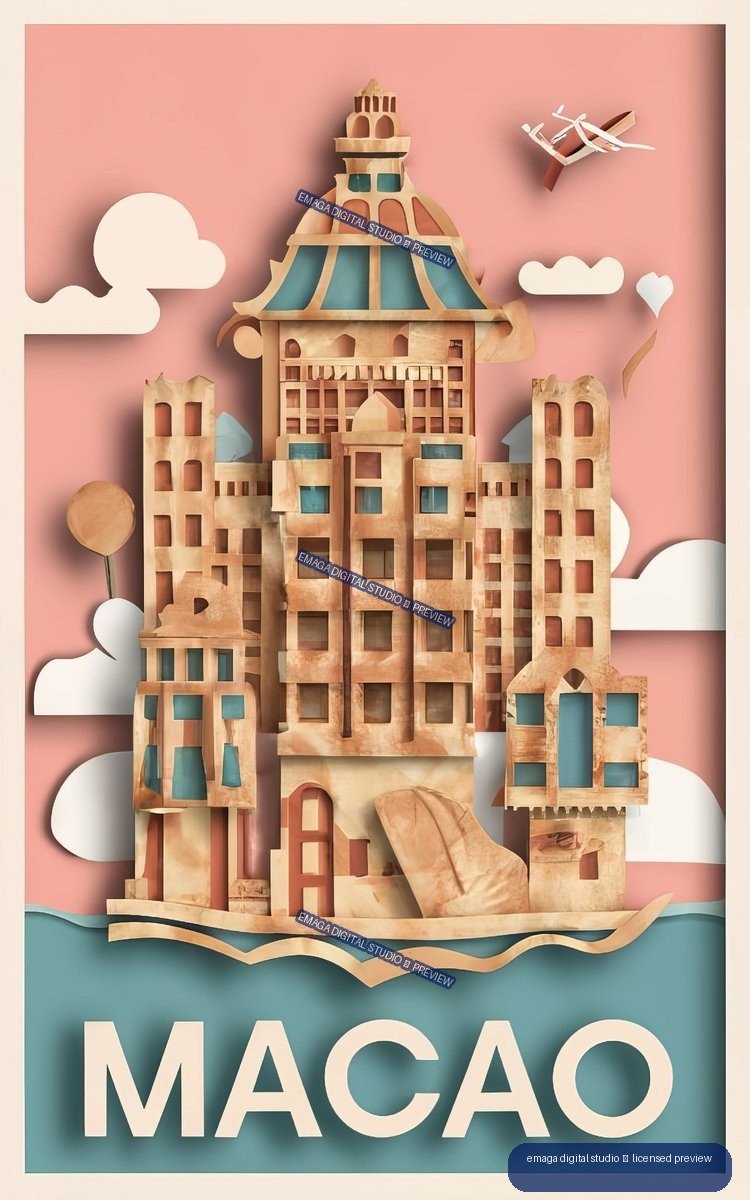Stylized paper-cut travel poster of a Macao skyline with a central tiered tower, airplane, clouds, waves, and the word MACAO.