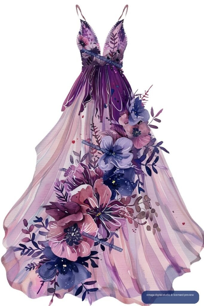 Watercolor illustration of a flowing purple floral dress with a wide layered skirt and botanical decorations.