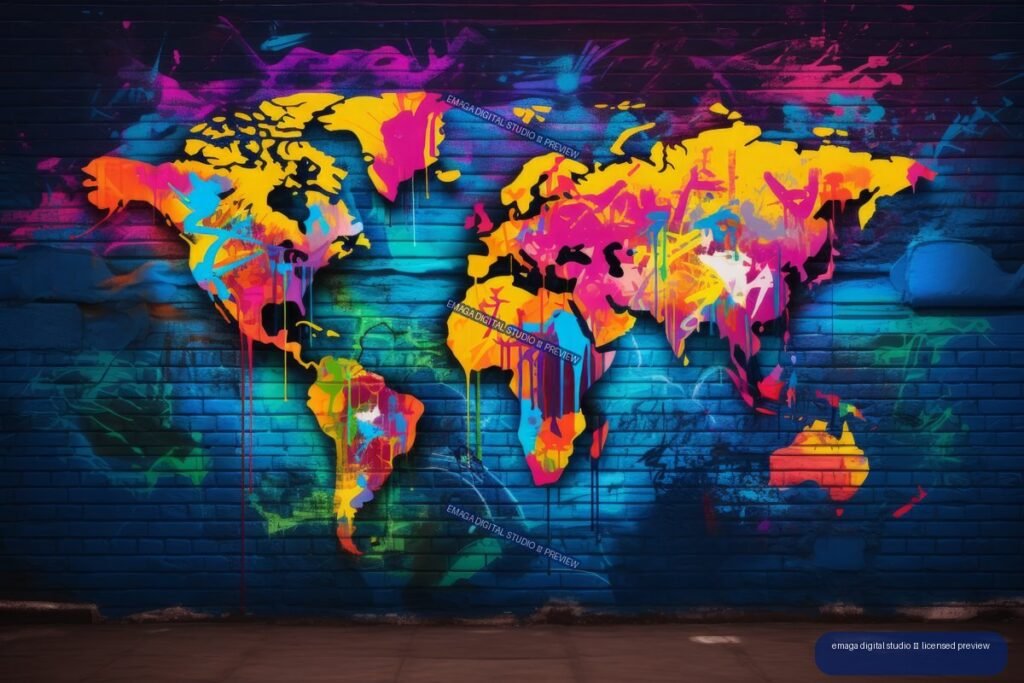 Bright multicolored graffiti-style world map painted across a dark blue brick wall, with drips and splashes of neon paint.