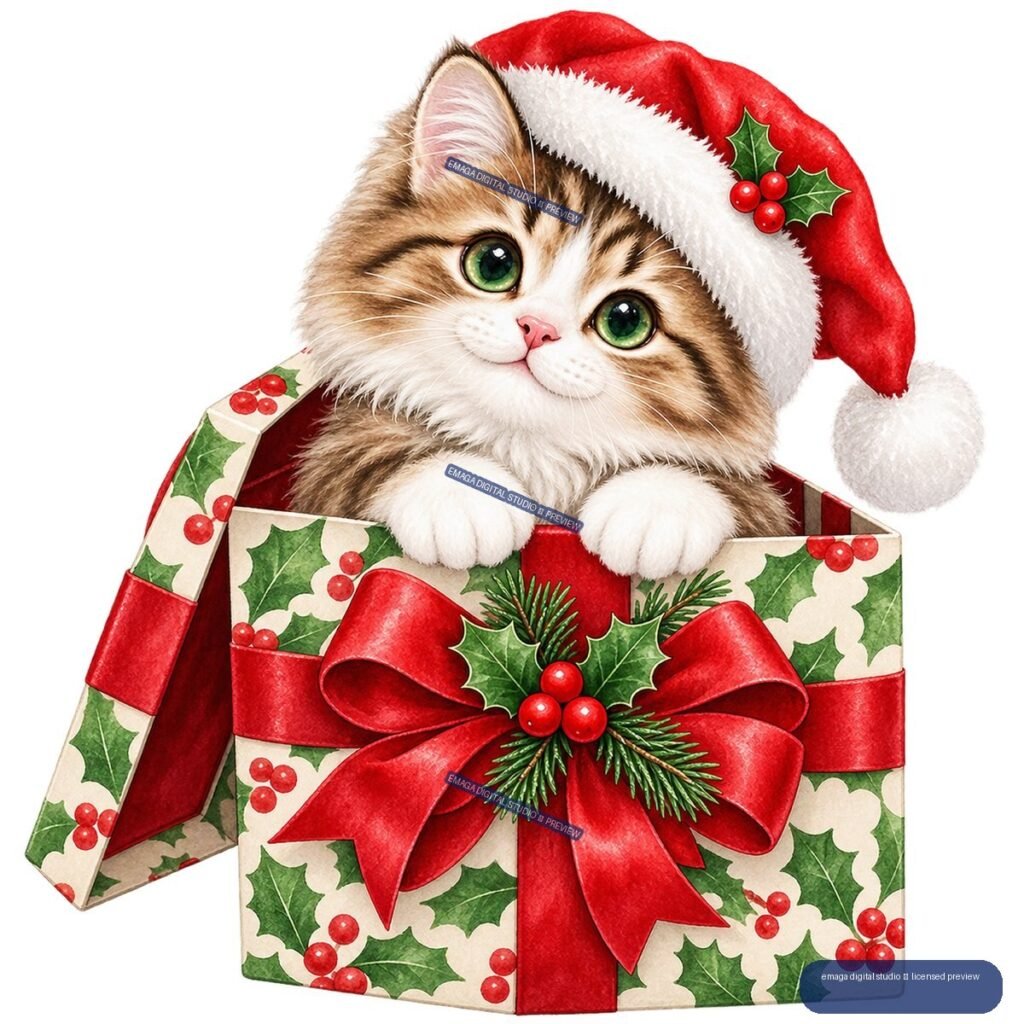 Brown-and-white tabby cat wearing a Santa hat and sitting inside a holly-patterned gift box with a large red bow.