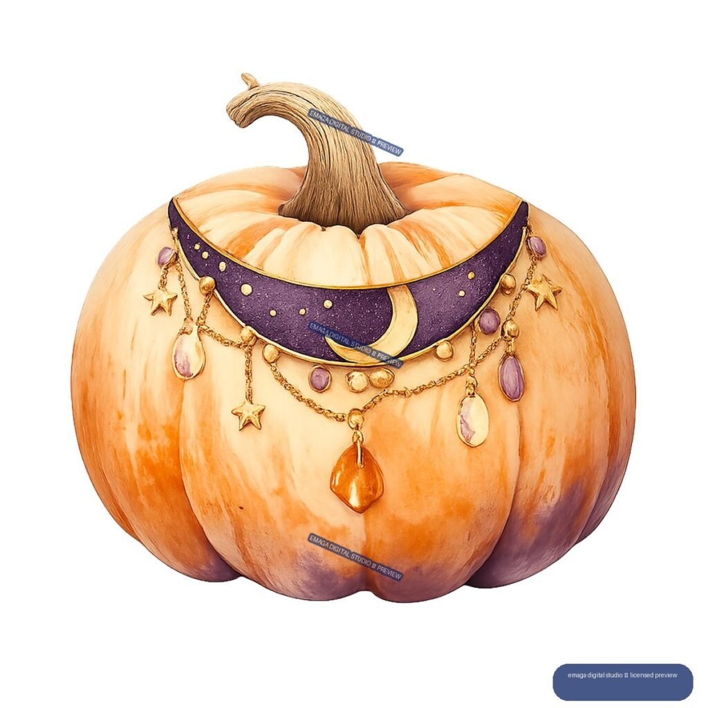 Illustrated orange pumpkin decorated with a purple crescent-moon band, gold chains, stars, and colorful pendants.
