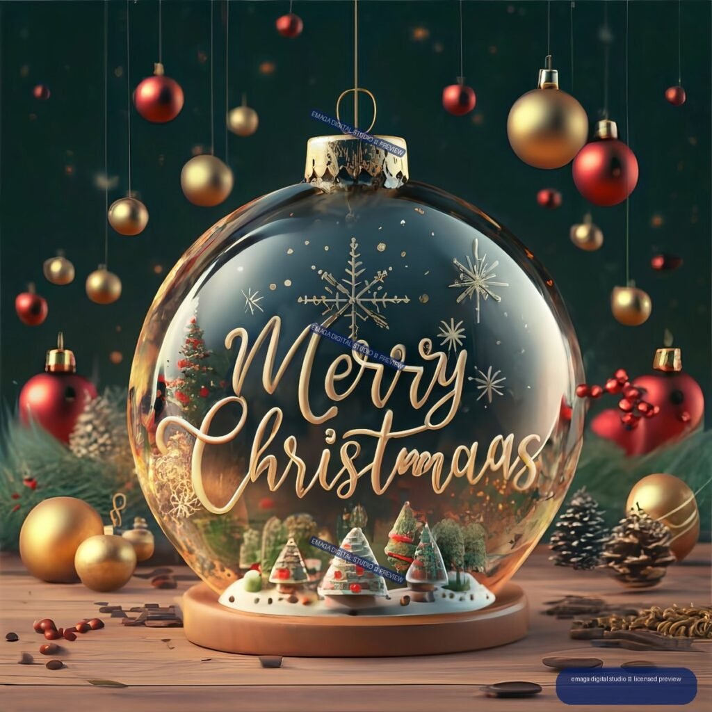 Large glass Christmas bauble reading “Merry Christmas,” surrounded by hanging ornaments, miniature trees, berries, and pinecones.