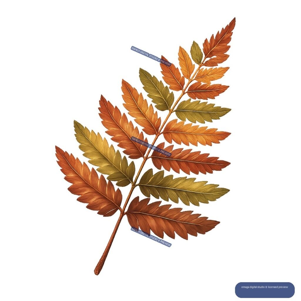 Illustrated autumn fern frond with rust, orange, ochre, and olive-green leaflets on a transparent background.