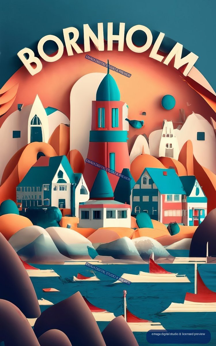 Stylized colorful poster of Bornholm with a central red lighthouse, seaside houses, boats, rocks, and large arched lettering.