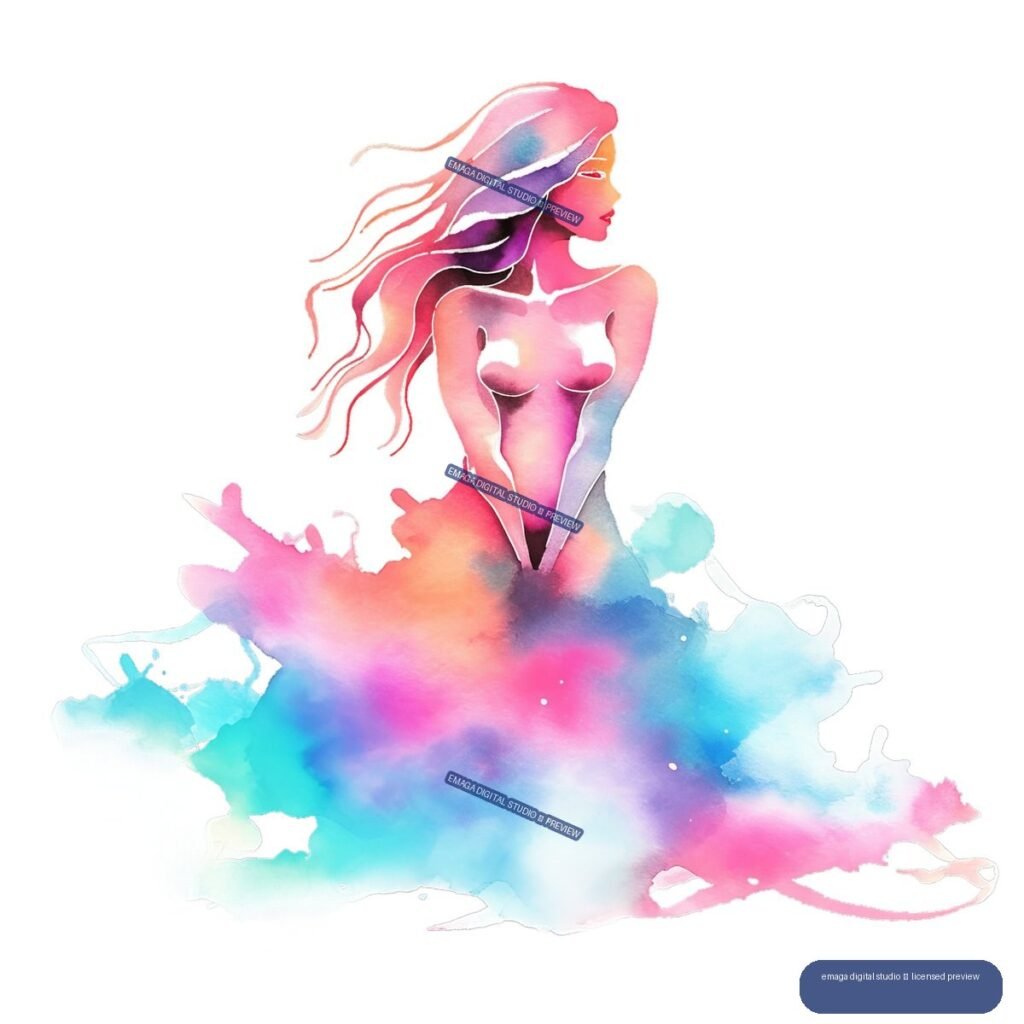 Stylized feminine figure in profile with flowing pink and purple hair, a nude upper body, and a vibrant abstract watercolor splash forming the lower body.