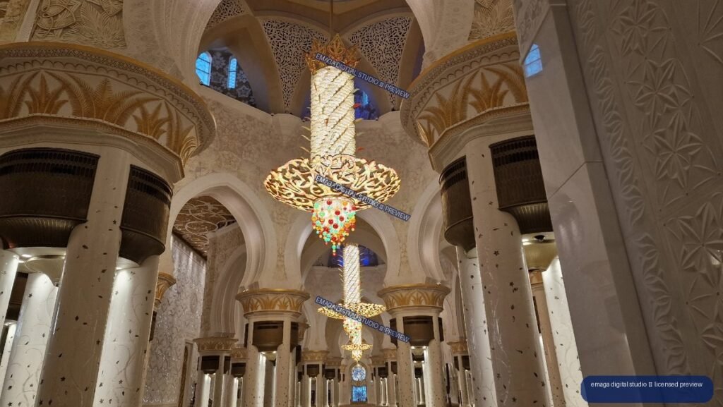 Ornate chandelier interior of Sheikh Zayed Grand Mosque, Abu Dhabi