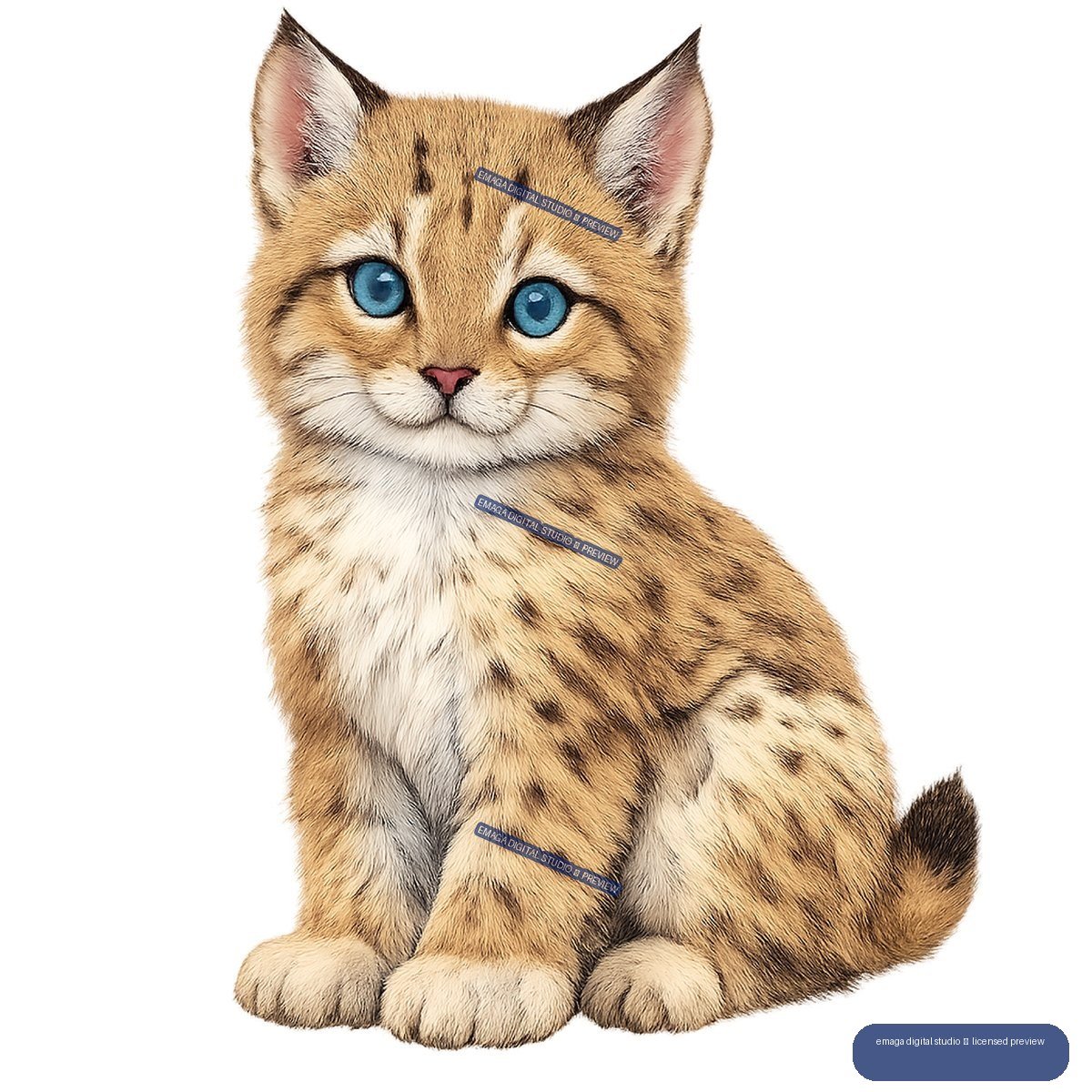 Seated tawny spotted wildcat kitten with blue eyes, pale chest, upright ears, and short tail.