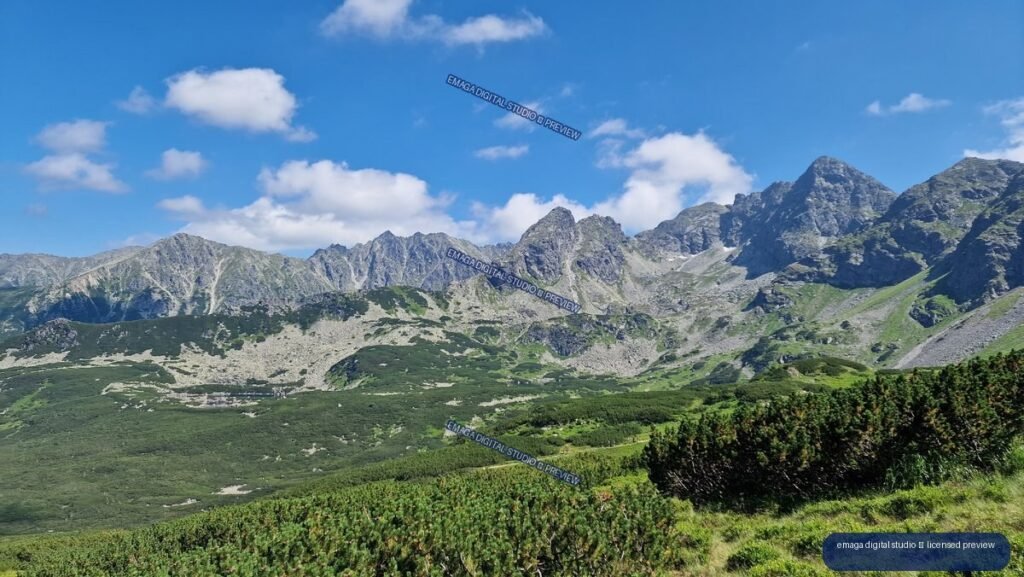 Panoramic view of rugged gray Tatra peaks, green alpine slopes, shrubs, and a grassy trail beneath scattered clouds and blue sky.