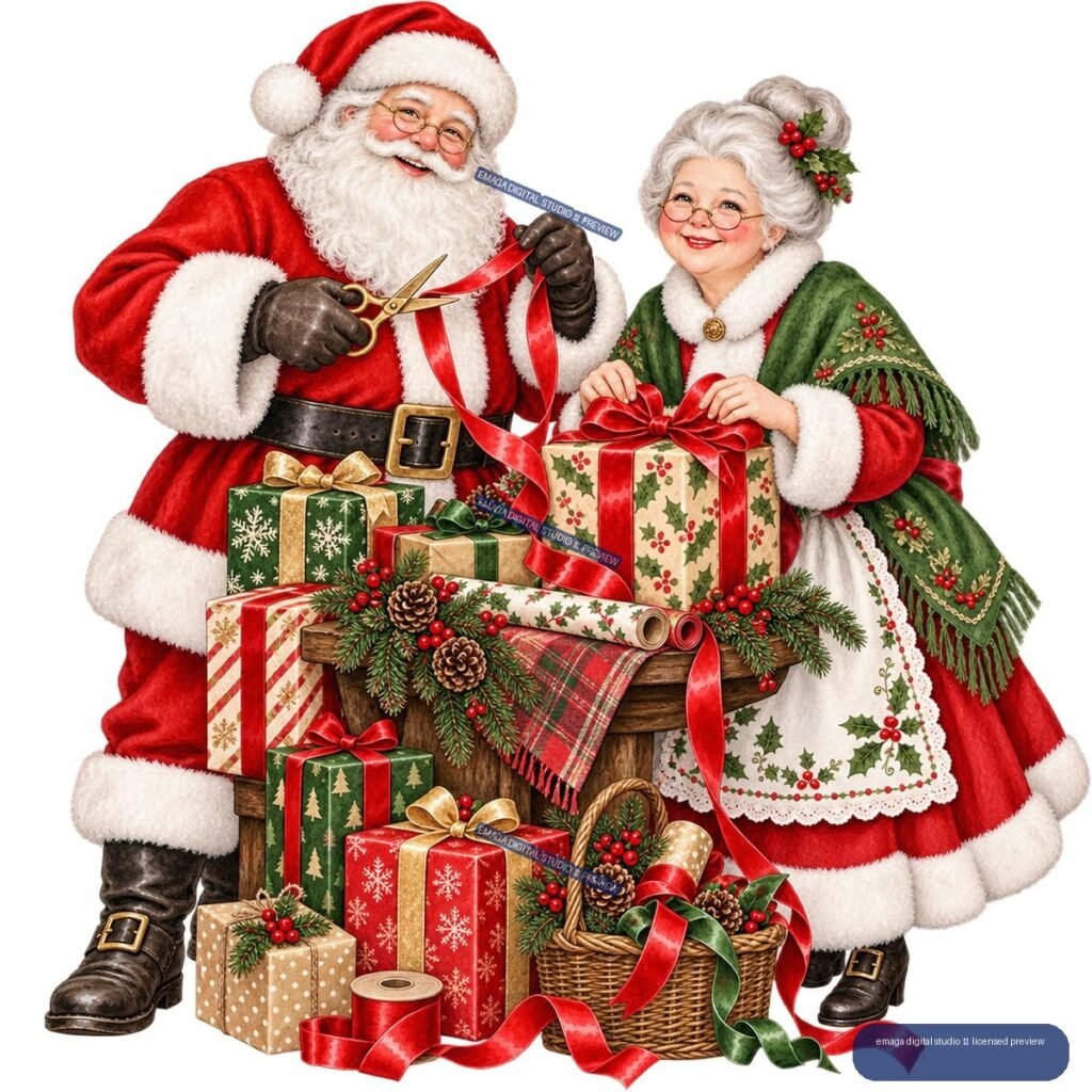 Santa and Mrs. Claus surrounded by wrapped Christmas gifts, ribbons, greenery, pinecones, and berries.