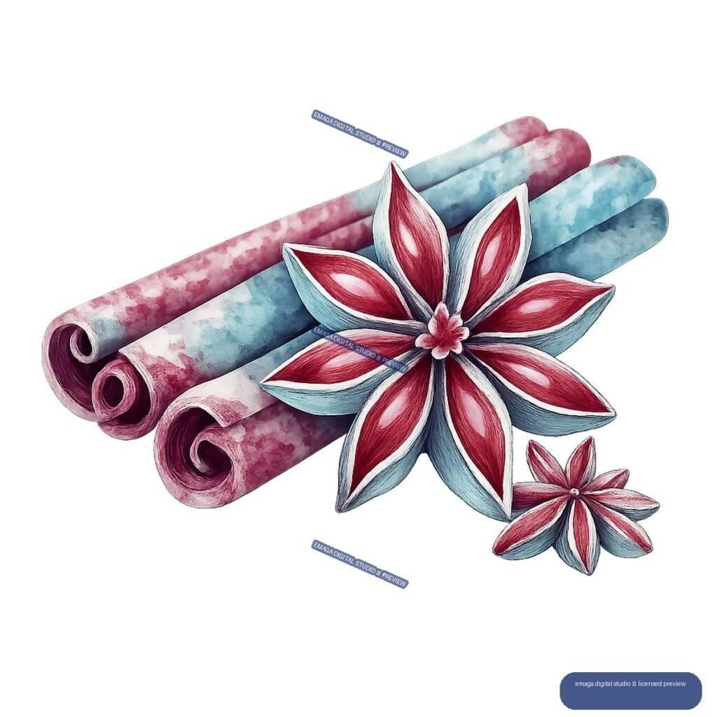 Watercolor illustration of rolled cinnamon sticks and two burgundy and blue star anise flowers.