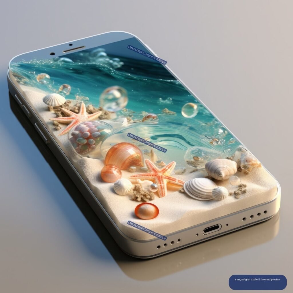 Angled smartphone with a turquoise underwater beach scene, seashells, starfish, sand, and bubbles on its screen.