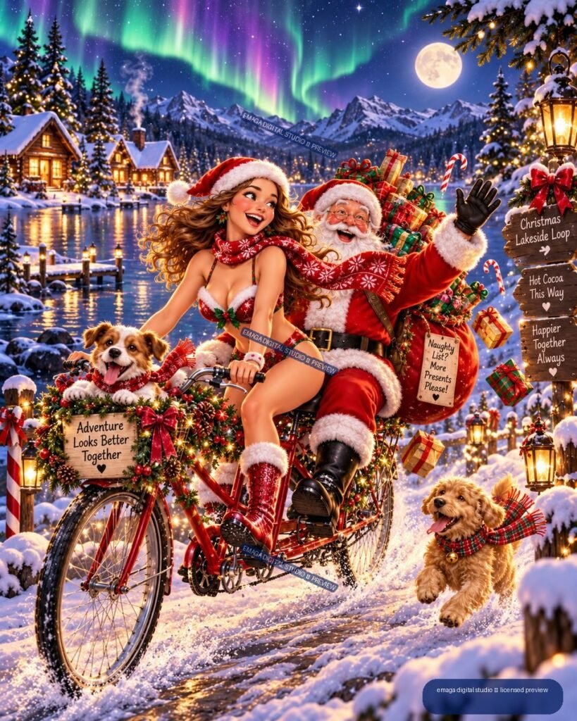 Woman and Santa riding a Christmas-decorated tandem bicycle with two dogs through a snowy lakeside village beneath aurora lights.
