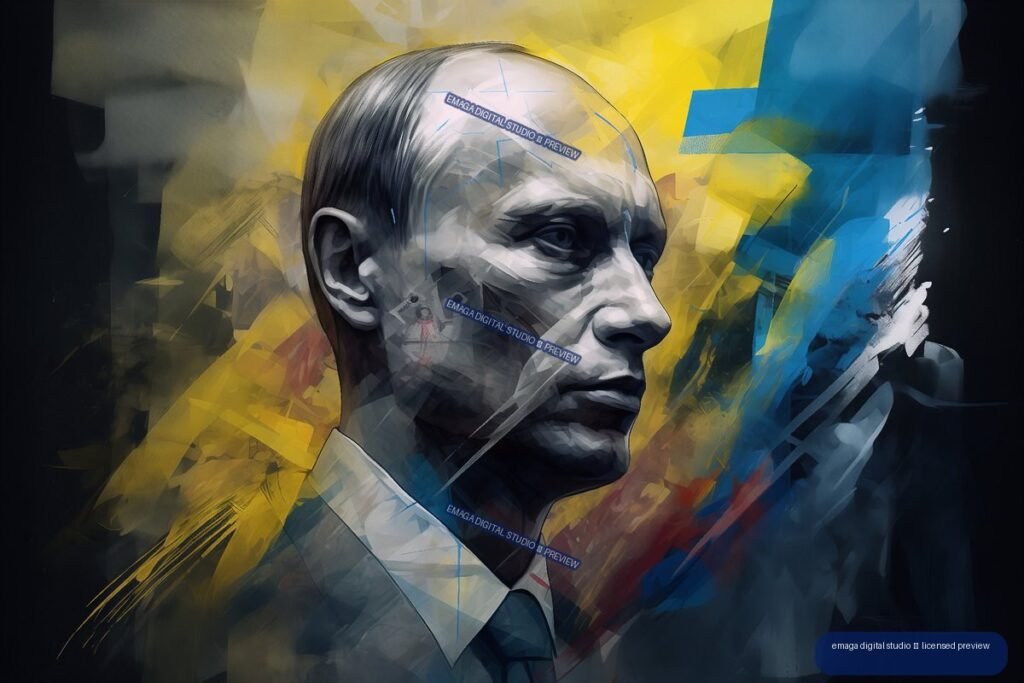 Stylized profile portrait of Vladimir Putin in a suit against blue and yellow abstract brushstrokes and fractured conflict-themed textures.