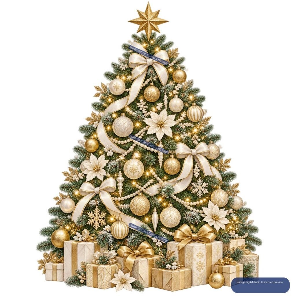 Decorated Christmas tree with a gold star, cream ribbons, ornaments, lights, poinsettias, and wrapped gifts.