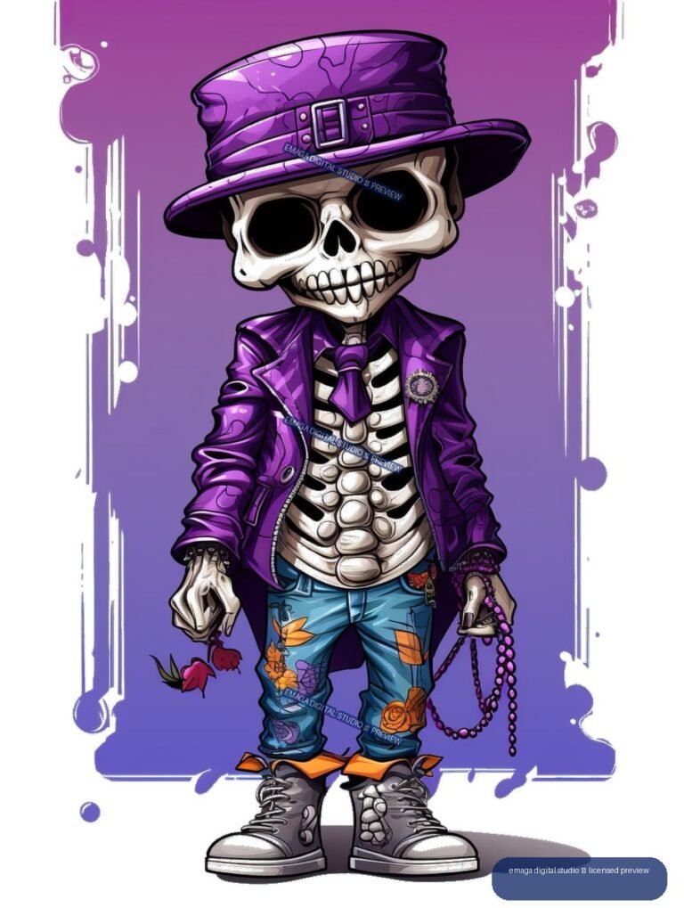 Purple Skeleton Character in a Top Hat and Streetwear - No. 000271