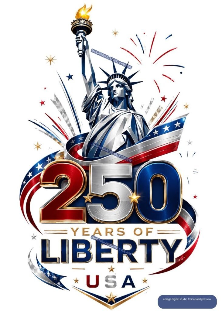 Patriotic graphic with the Statue of Liberty, metallic 250 numerals, red white and blue ribbons, stars, fireworks, and the words Years of Liberty USA.