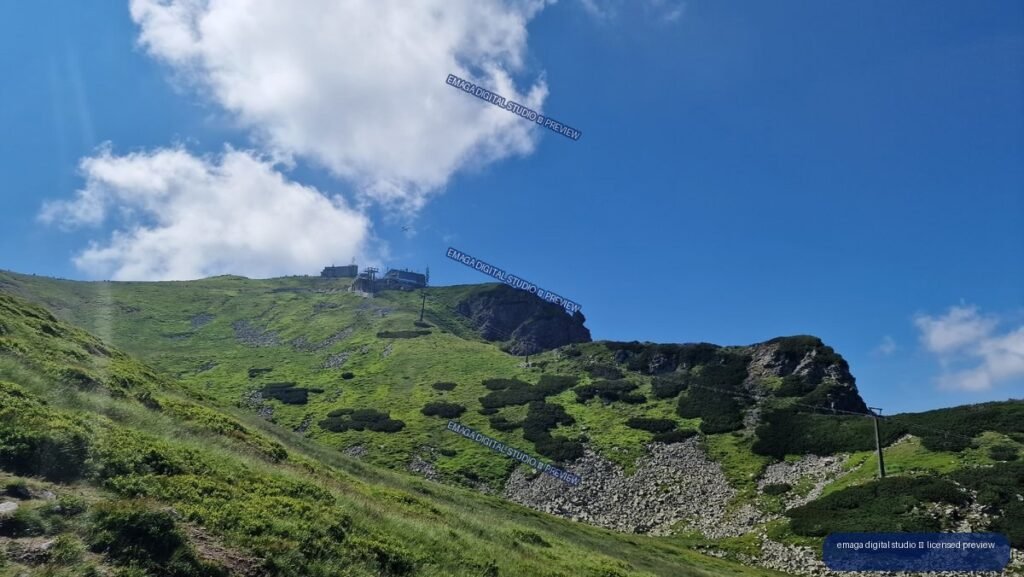 Green rocky mountain slope with cable-car infrastructure beneath a blue sky and white clouds.