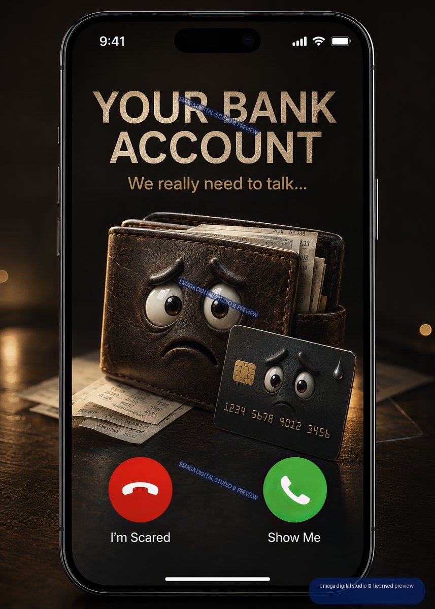 Smartphone call screen showing a worried anthropomorphic wallet beside a concerned credit card, with financial text and call buttons.