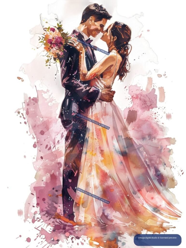 Watercolor illustration of a bride and groom embracing, with the bride holding a colorful bouquet and wearing a flowing wedding dress.