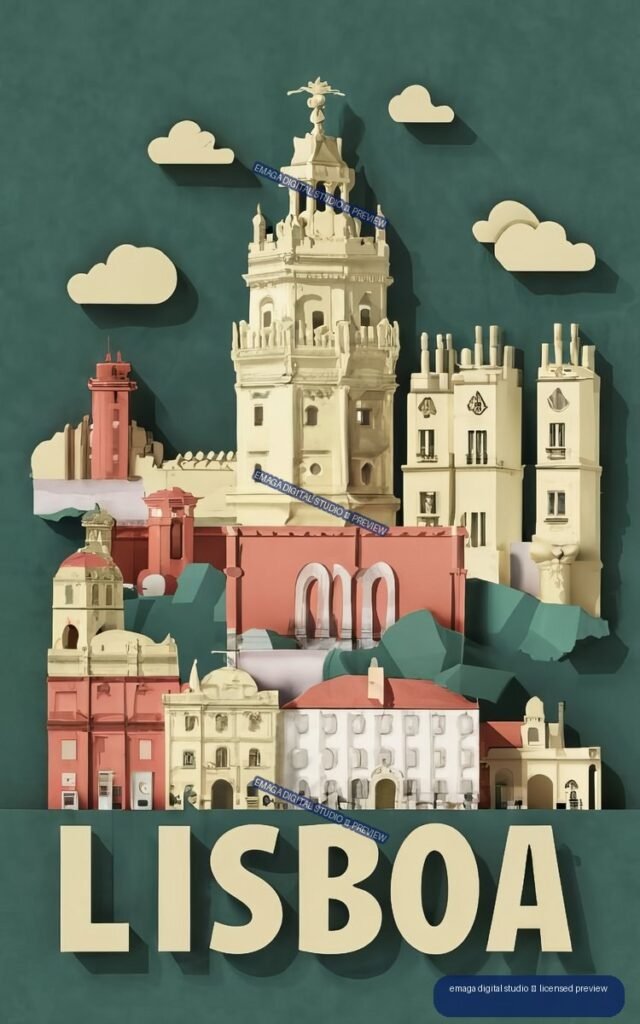 Vertical stylized Lisboa travel poster showing layered cream and coral buildings, cream clouds, a dark teal background, and large LISBOA lettering at the bottom.