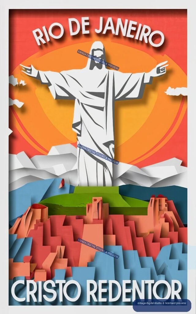 Stylized poster of Christ the Redeemer above a colorful geometric Rio de Janeiro cityscape, with bold white text naming Rio de Janeiro and Cristo Redentor.