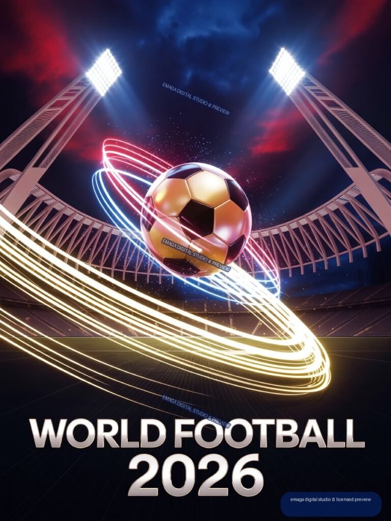 Glowing soccer ball with red, blue, and white light trails in a floodlit stadium, above the text “WORLD FOOTBALL 2026.”