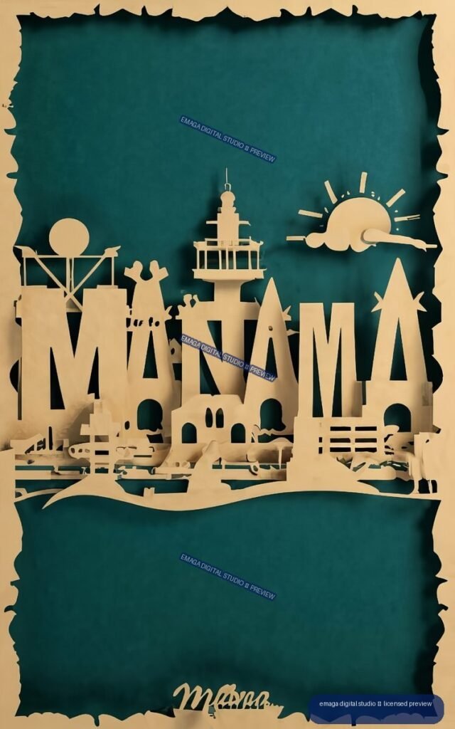 Beige paper-cut silhouettes of Manama landmarks and the word MANAMA on a deep teal torn-paper poster background.