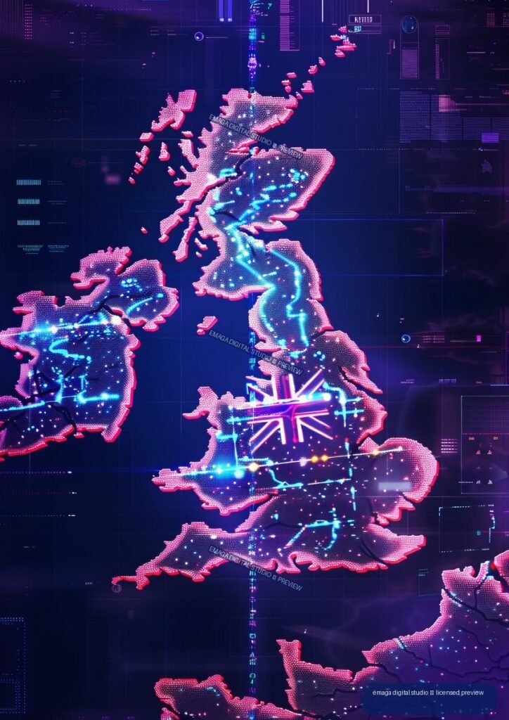Neon digital map of the United Kingdom with glowing pink borders, blue routes, a Union Jack motif, and futuristic interface graphics on a dark navy background.