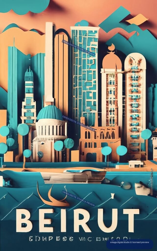 Colorful stylized Beirut poster showing a geometric skyline, waterfront boat, mountains, and large BEIRUT lettering.