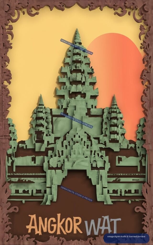 Stylized travel poster of Angkor Wat with green temple towers, an orange sun, yellow background, ornate brown border, and the words ANGKOR WAT.