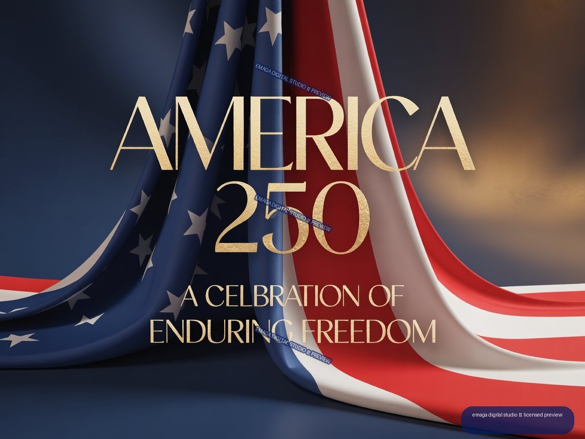 Draped American flag with gold text reading “AMERICA 250” and “A CELEBRATION OF ENDURING FREEDOM.”