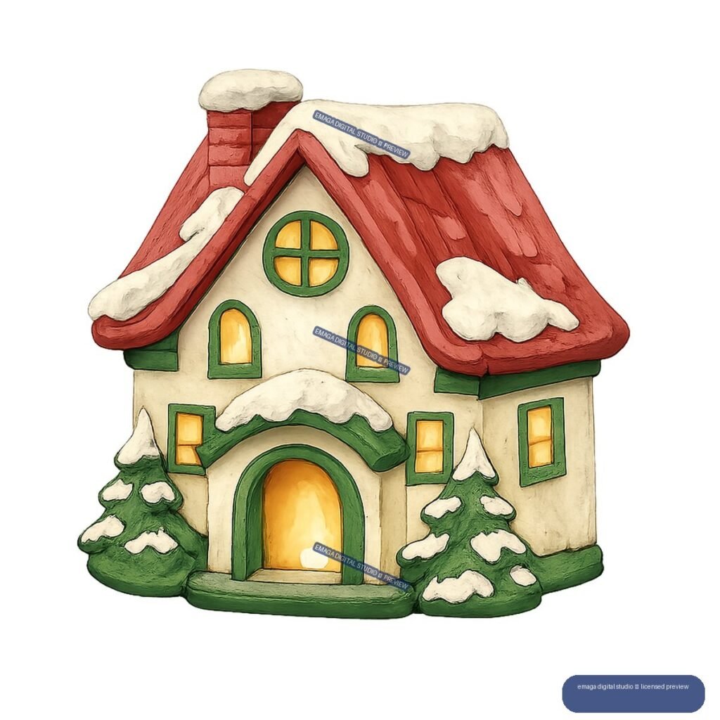 Illustration of a snow-covered cream cottage with a red roof, glowing windows, green trim, and evergreen trees.